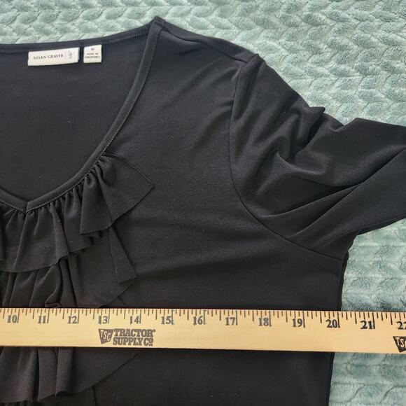 Susan Graver black 3/4 sleeve Liquid Knit Top size medium Ruffle Front - Picture 5 of 10
